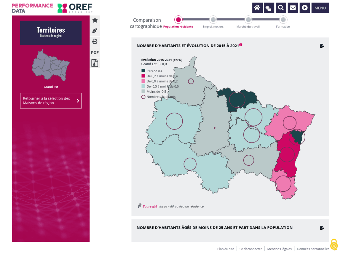 Carte de la région avec pourcentage de l'évolution des habitants entre 2015 et 2021
