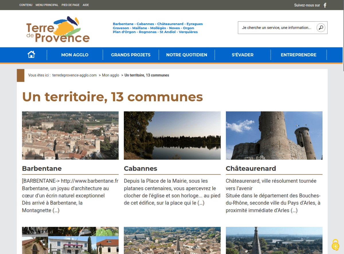 Liste des communes du territoire, avec 3 blocs par ligne. Ils contiennent une image, le nom et un descriptif