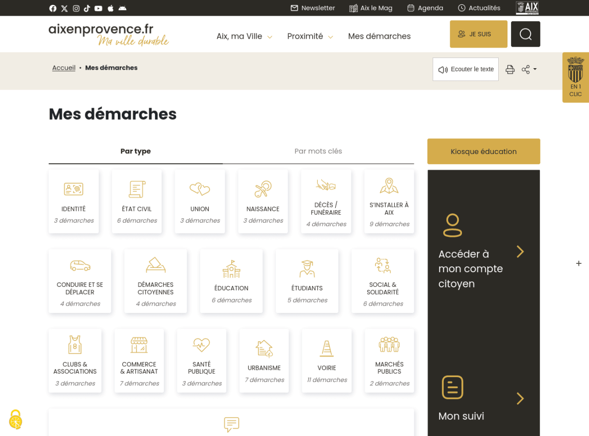 Page Mes démarches présentant des blocs ombrés, contenant un pictogramme doré, un titre noir et un nombre de démarches accessibles. Sur la droite, un bloc sur fond noir permettant d'accéder à 'mon compte'.