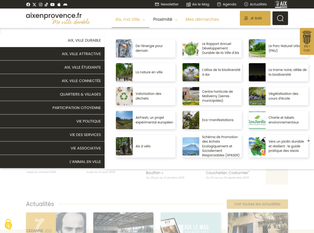 Menu déplié, sous forme de mega-menu avec sous-partie en colonne de gauche sur fond noir et détail de la thématique en partie droite, en 3 colonnes avec vignette et titre