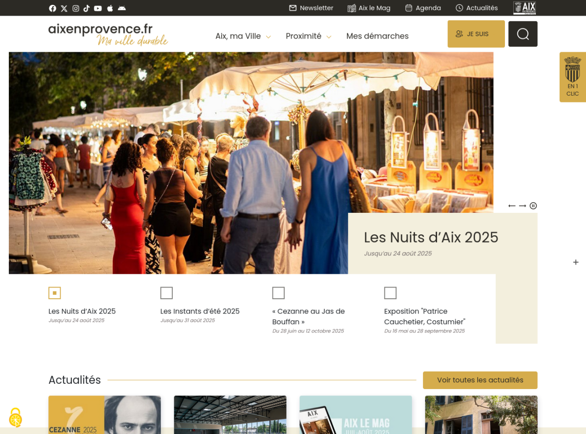 Page d'accueil du site avec bandeau menu, suivi d'un slider avec photo et texte et début des blocs d'actualités