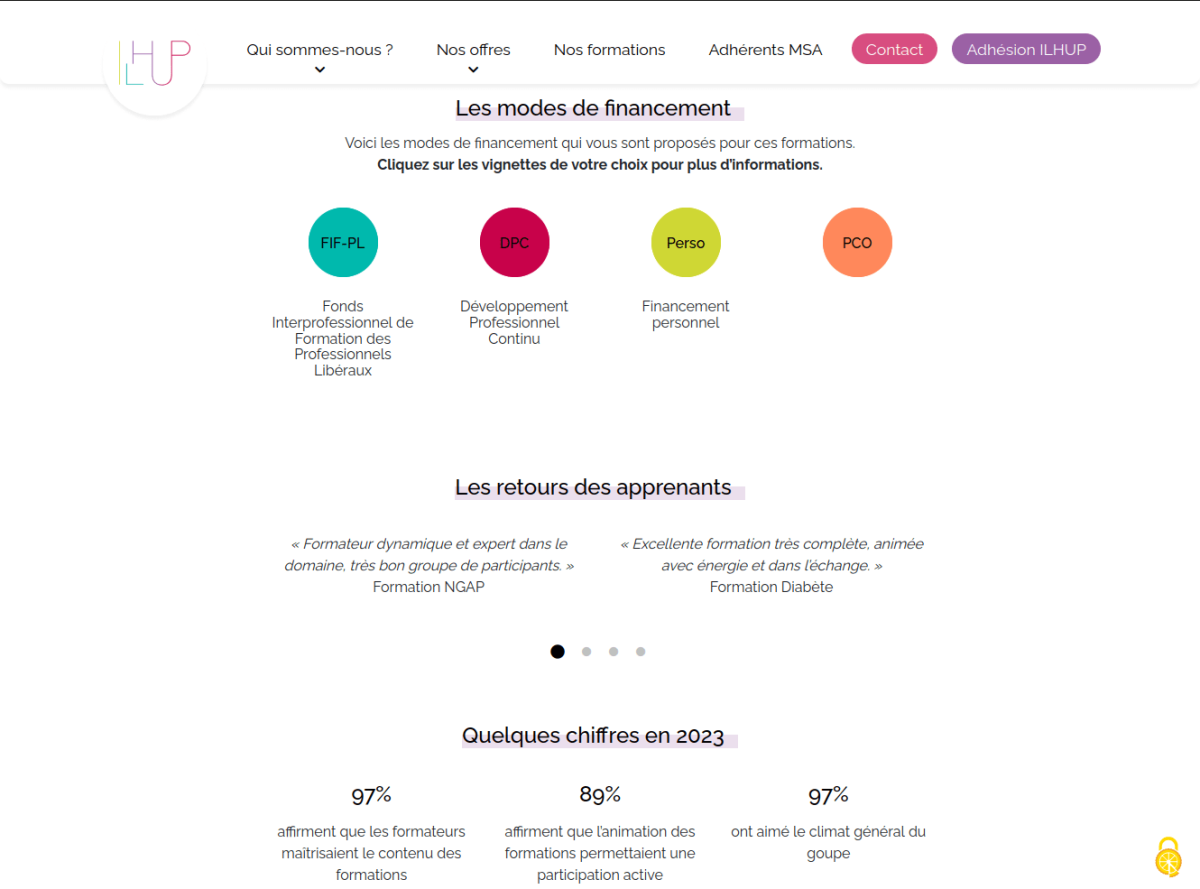Détail de la page Nos formations, avec les modes de financement, les retours des apprenants et des chiffres clés de 2023
