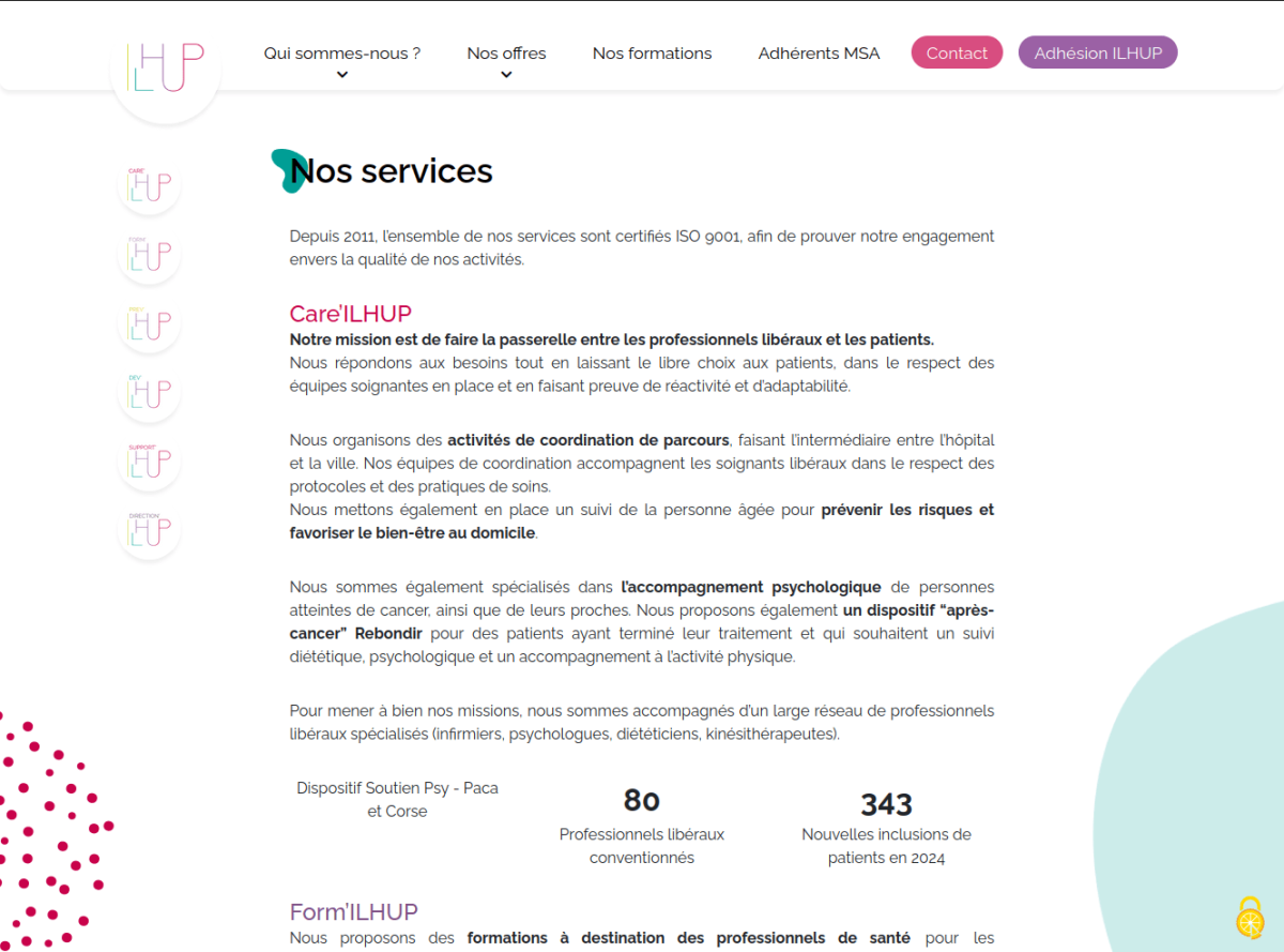 Détail de la page Nos services avec texte sur fond blanc et menu flottant sur la gauche, sous forme de boutons circulaires