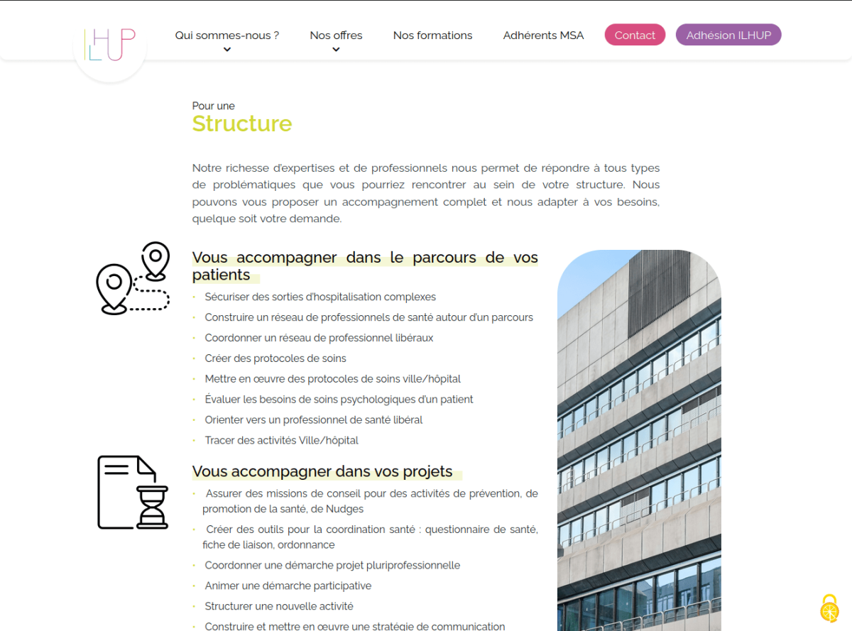 Présentation de l'offre pour une structure avec texte, intertitres avec pictogrammes et image d'illustration