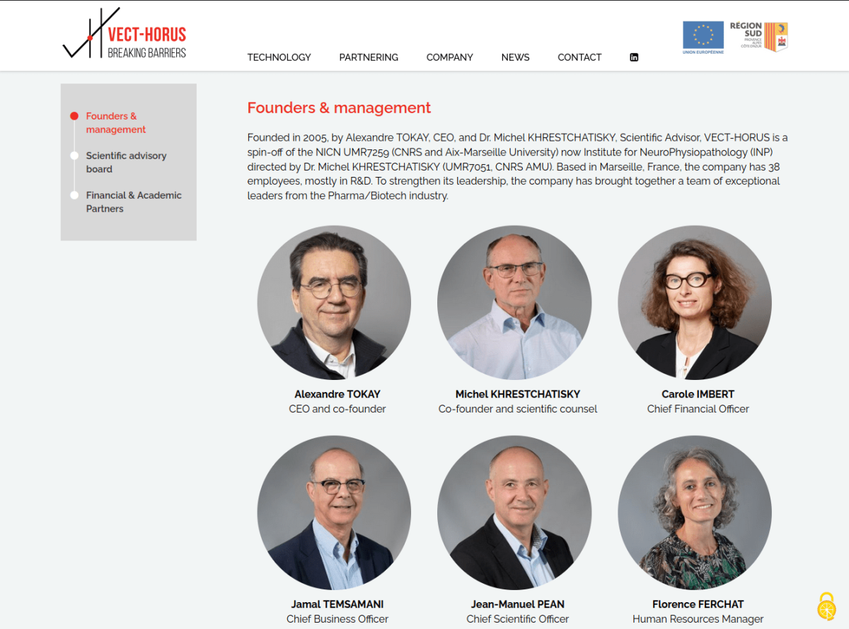Présentation des fondateurs, avec 6 portraits dans des cercles avec leur nom et qualité