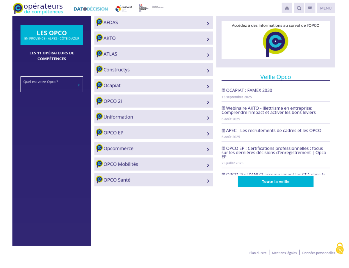 Page d'accueil avec menu de gauche sur fond bleu, colonne de sélection et colonne de veille