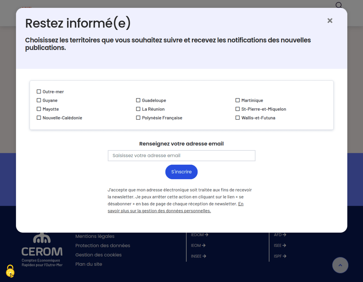 Fenêtre modale qui liste les différentes géographies auxquelles le visiteur peut s'abonner, avec cases à cocher et champ email.