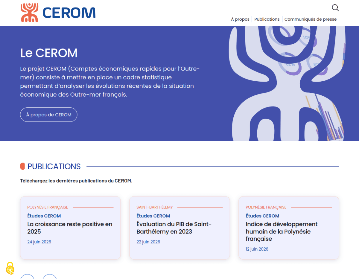 Page d'accueil du site avec logo et menu horizontal, suivi d'un bandeau à fond bleu avec un texte et une animation sur la partie droite puis une lgine de 3 blocs présentants les dernières publications
