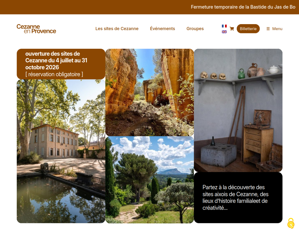 Présentant les différents sites de visite dédiés à Paul Cézanne, avec une mosaïque de photographies de la Bastide du Jas de Bouffan, des Carrières de Bibémus, de l'Atelier des Lauves et du Jardin des Peintres.