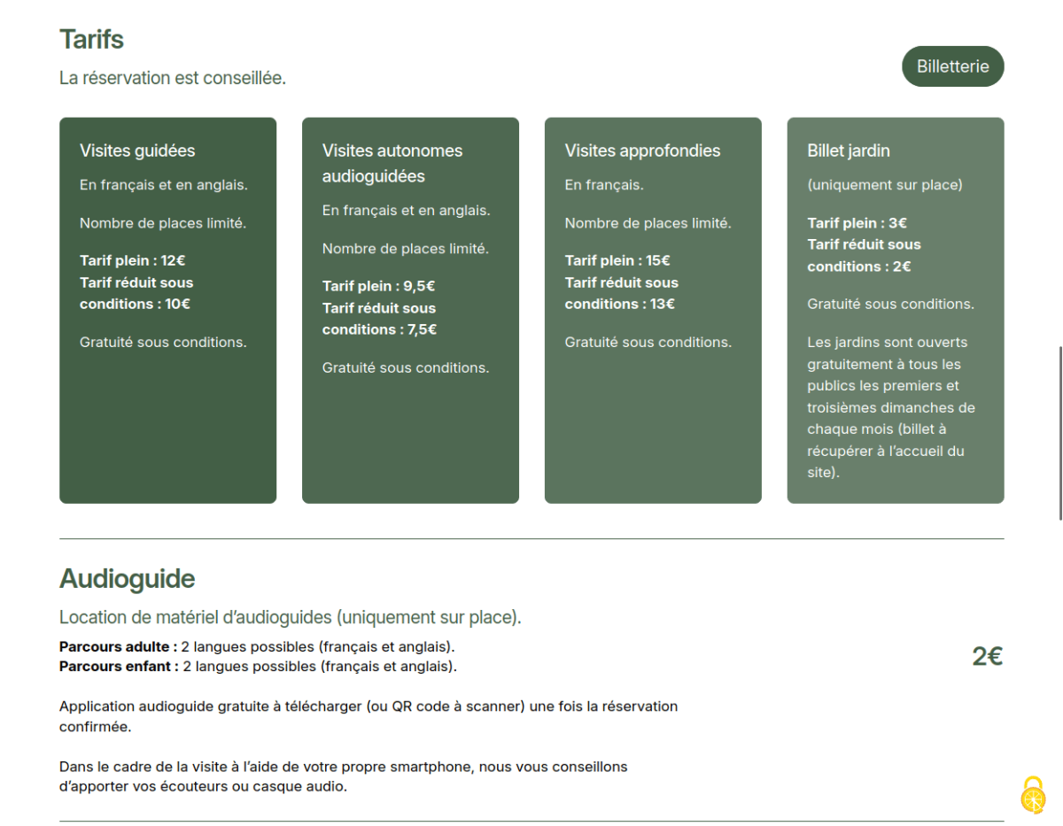 Partie tarifs avec 4 blocs descriptifs suivi du détail des audioguides.