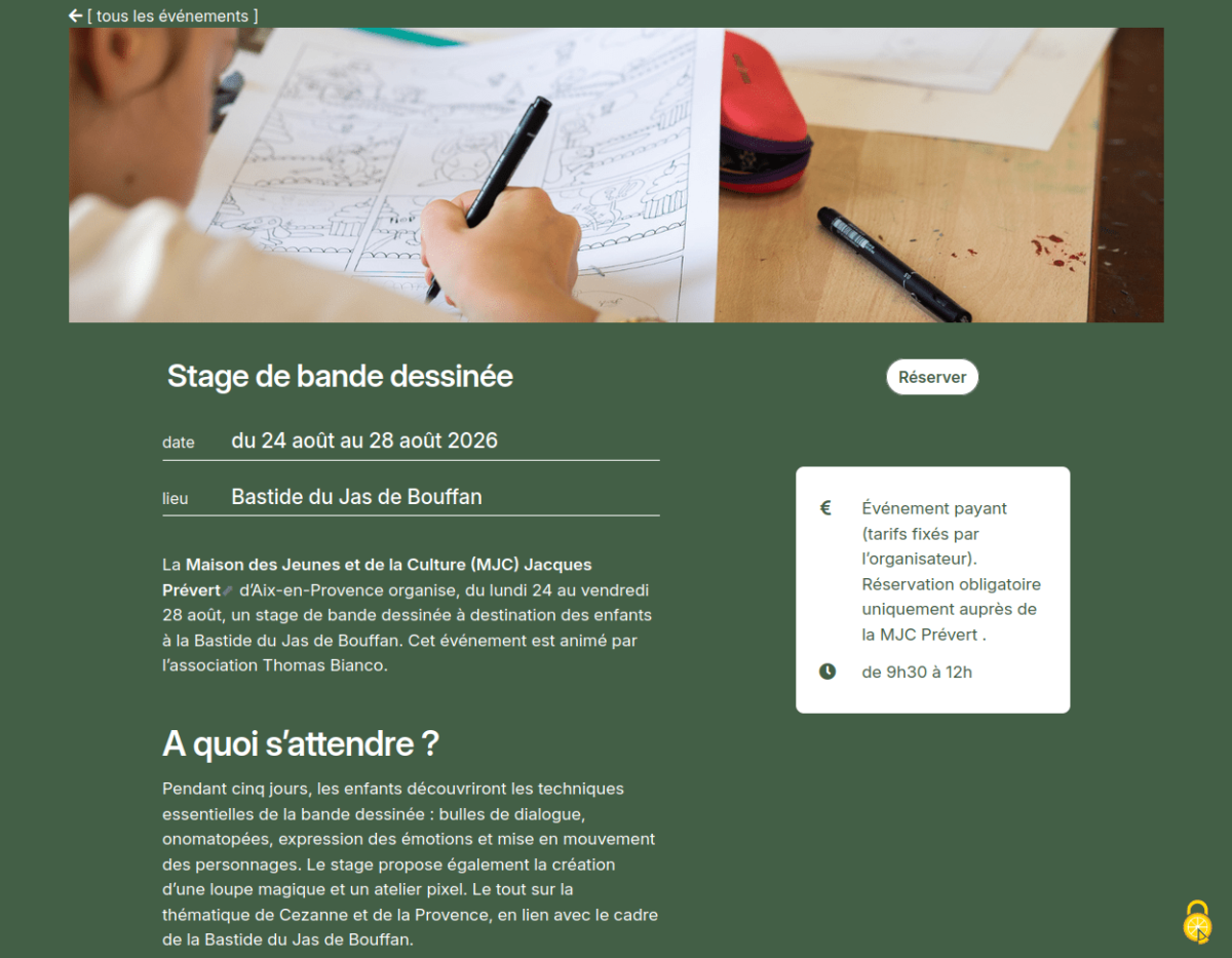 Visuel pleine largeur, dates et lieu suivi du descriptif et des modalités des tarifs.